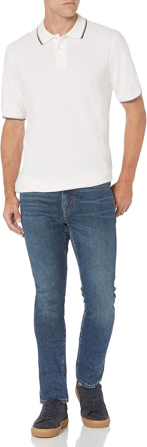 image:imageAmazon Essentials Mens RegularFit Cotton Pique Polo Shirt Short Sleeve Available in Big amp TallWhite Twin Stripe