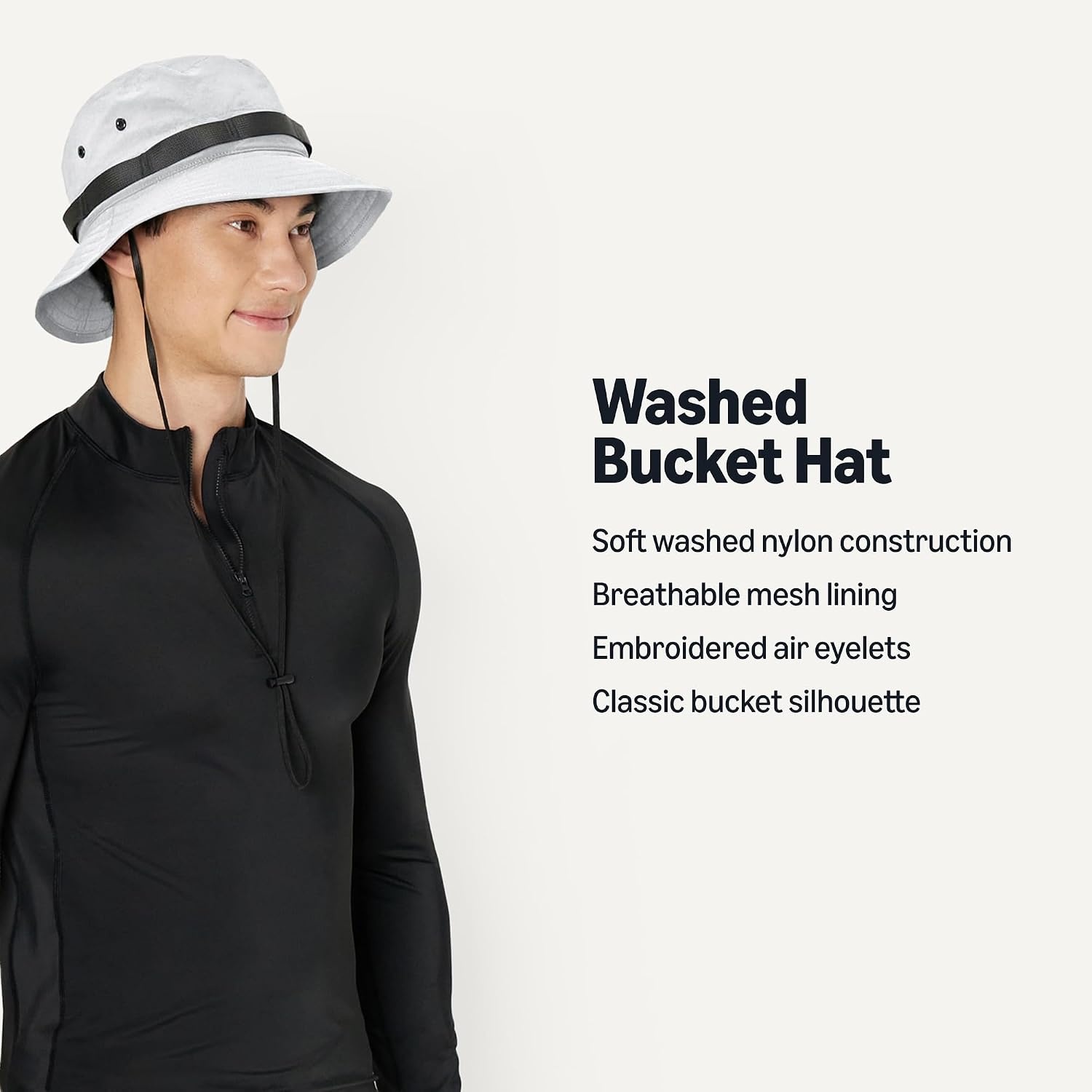 image:imageAmazon Essentials Mens Washed Nylon Outdoor Wide Brim Sun Bucket HatWhite