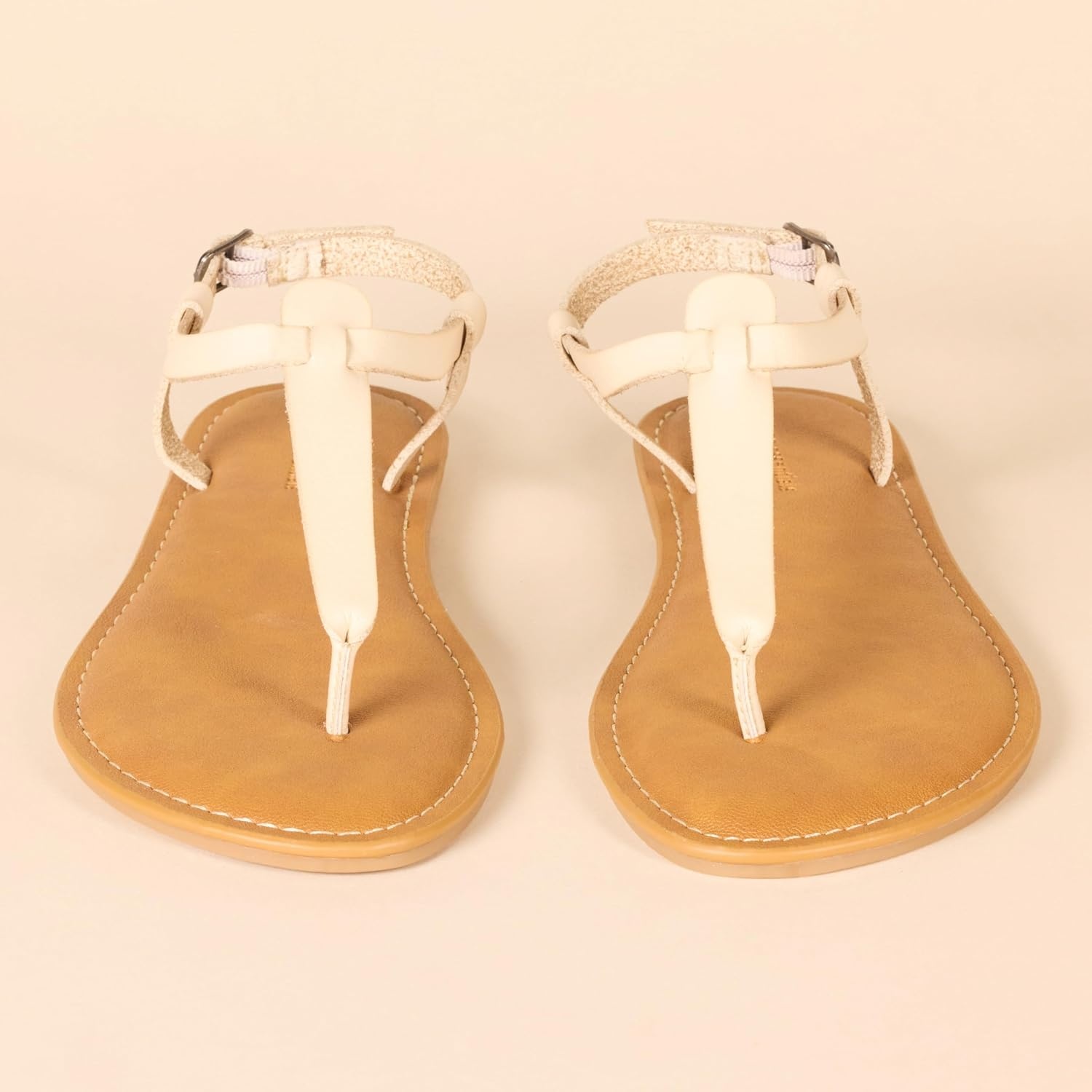 image:imageAmazon Essentials Womens Casual Thong Leather Sandal with Ankle Strap Wide Width AvailableLight Beige
