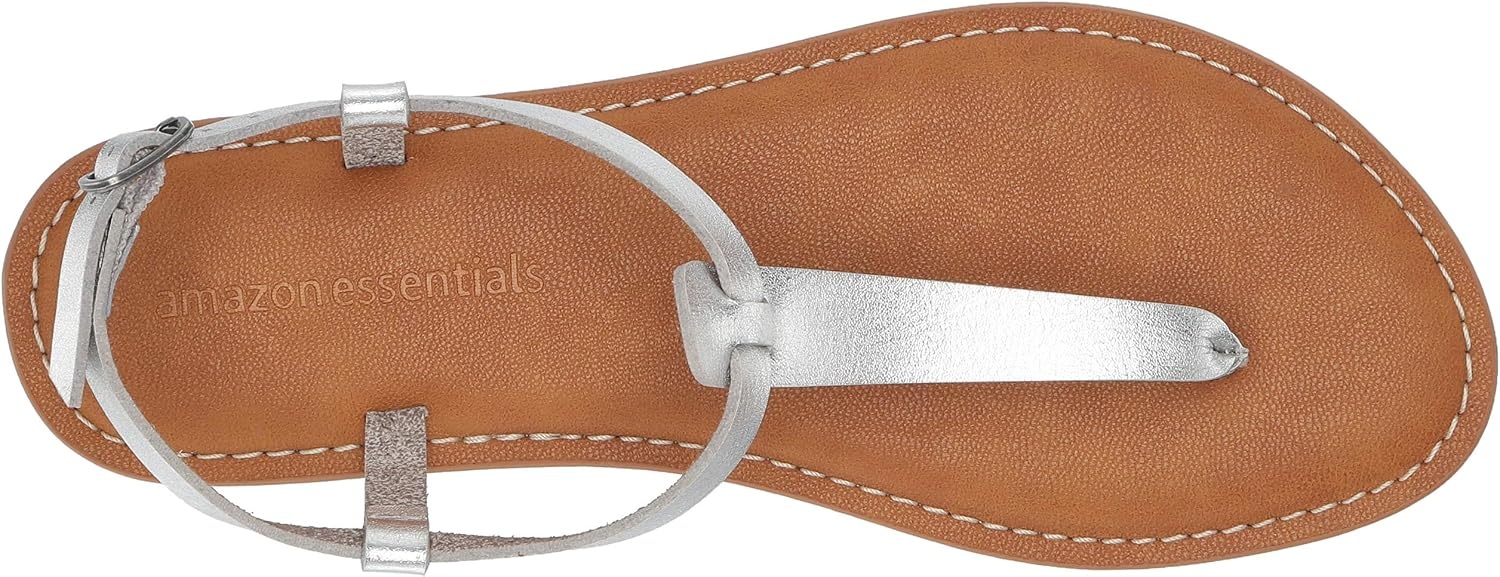 image:imageAmazon Essentials Womens Casual Thong Leather Sandal with Ankle Strap Wide Width AvailableSilver