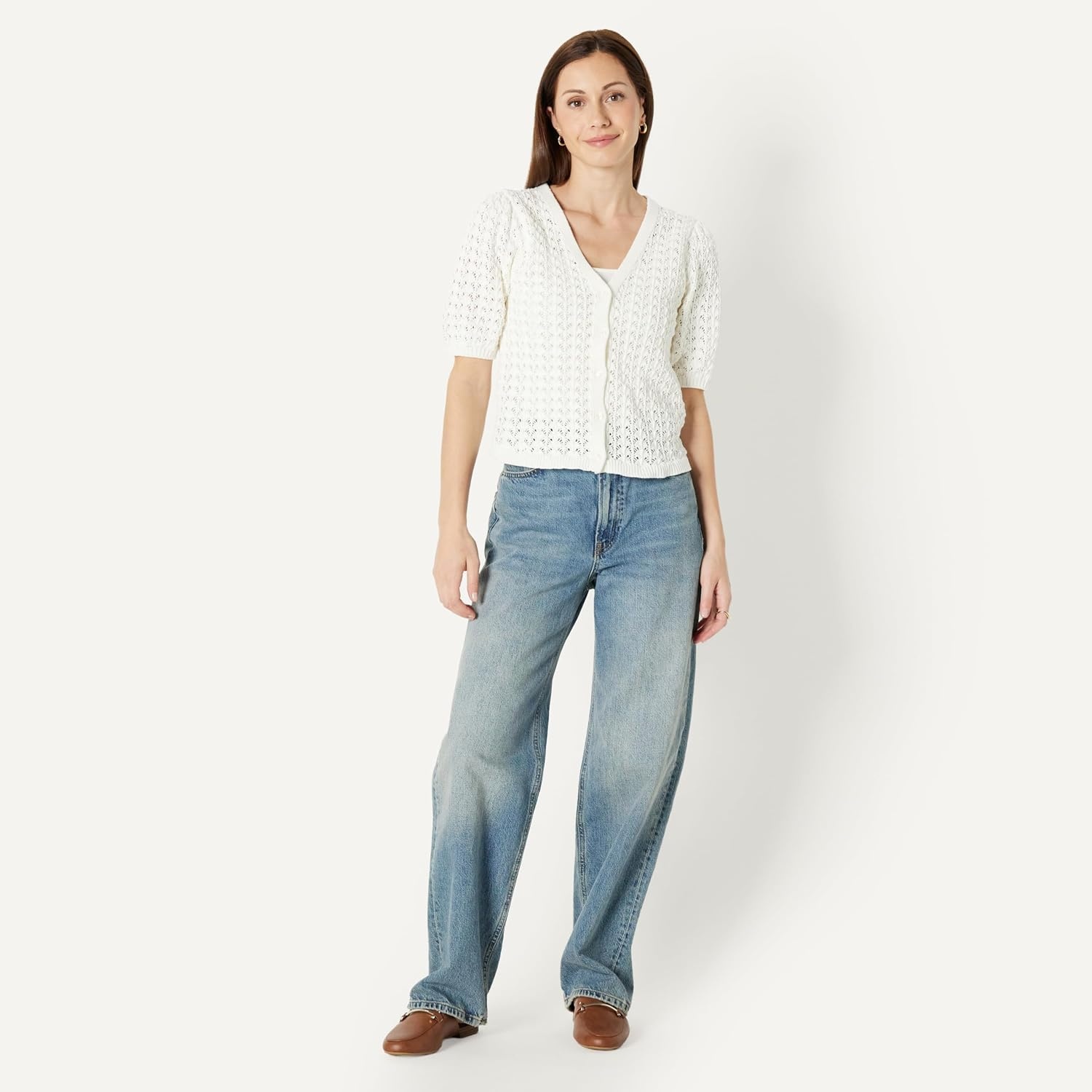 image:imageAmazon Essentials Womens RelaxedFit Crochet ShortSleeve CardiganCream