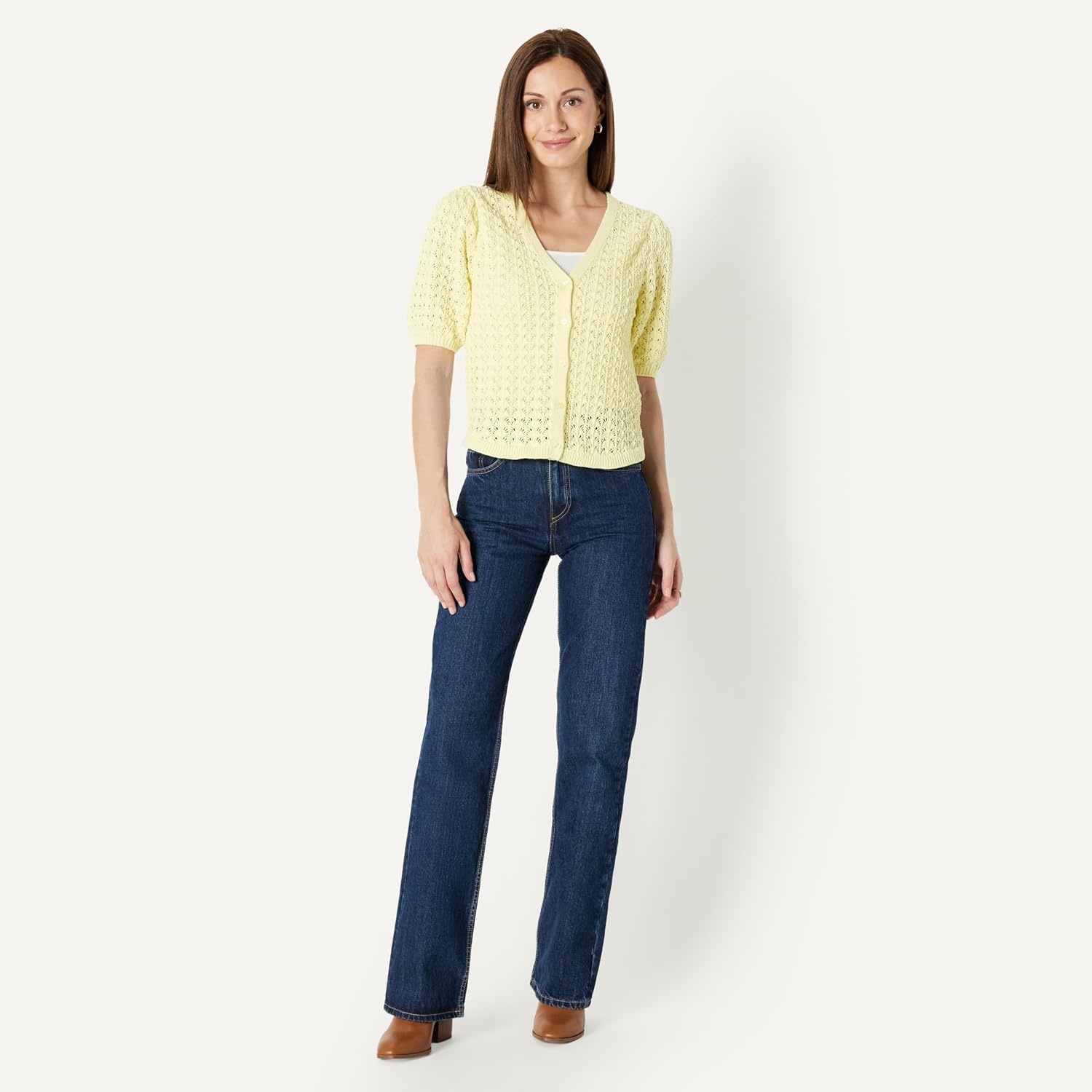 image:imageAmazon Essentials Womens RelaxedFit Crochet ShortSleeve CardiganPastel Yellow