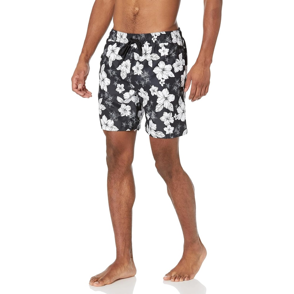 image:imageAmazon Essentials Mens 7 QuickDry Swim Trunk Lightweight BreathableBlack Hibiscus Print