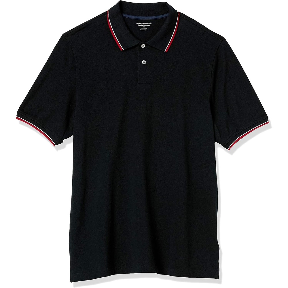 image:imageAmazon Essentials Mens RegularFit Cotton Pique Polo Shirt Short Sleeve Available in Big amp TallBlack Red White Thin Stripe