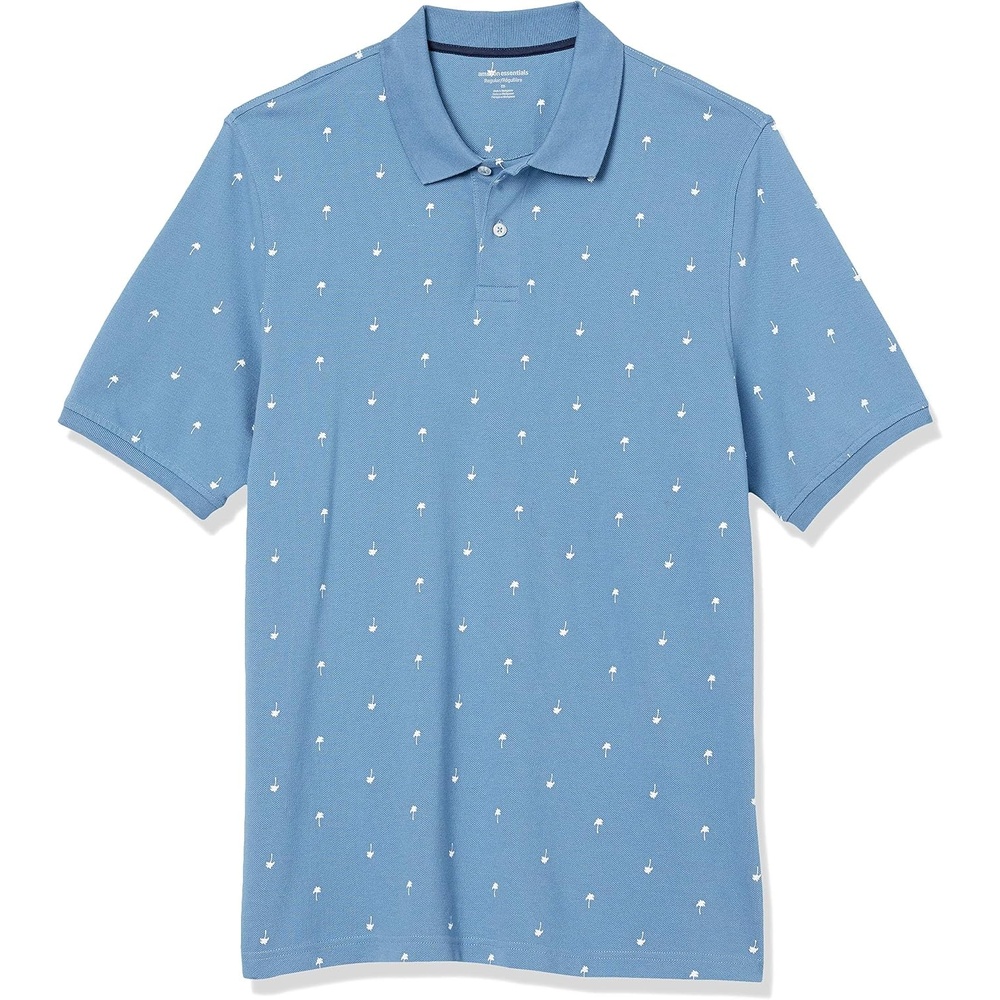 image:imageAmazon Essentials Mens RegularFit Cotton Pique Polo Shirt Short Sleeve Available in Big amp TallBlue White Palm Tree Print