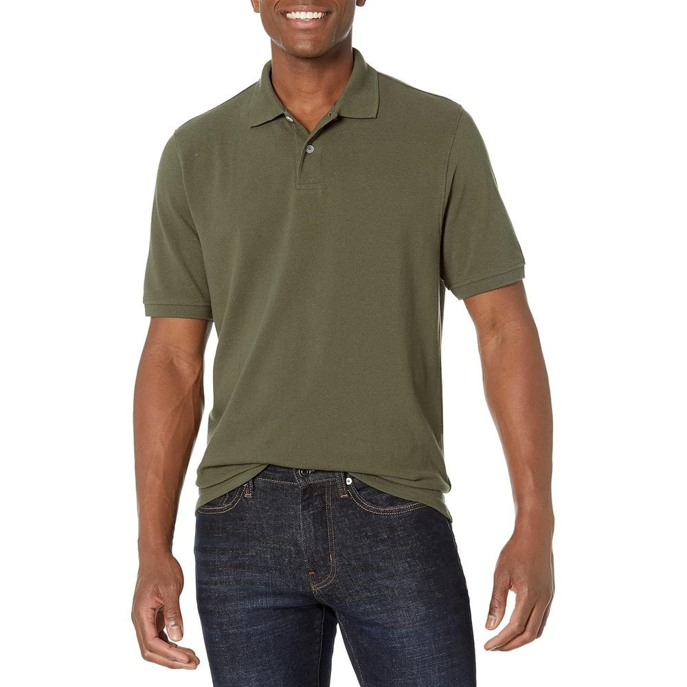 image:imageAmazon Essentials Mens RegularFit Cotton Pique Polo Shirt Short Sleeve Available in Big amp TallOlive
