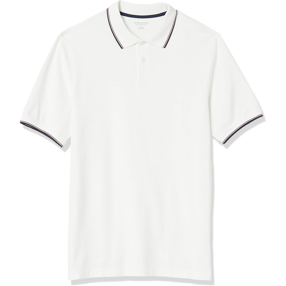image:imageAmazon Essentials Mens RegularFit Cotton Pique Polo Shirt Short Sleeve Available in Big amp TallWhiteRed and Navy Tipped