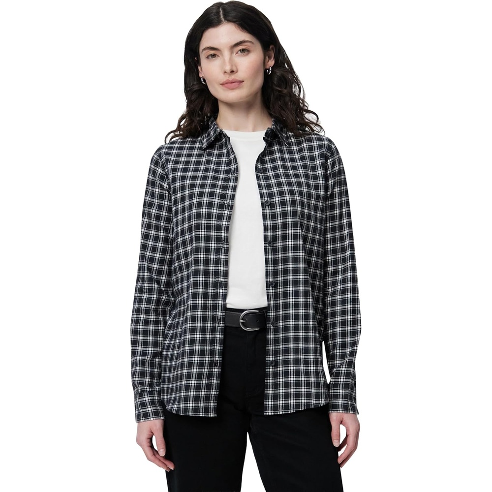 image:imageAmazon Essentials Womens RegularFit LongSleeve Lightweight Cotton Brushed Flannel ShirtBlack Ivory Plaid