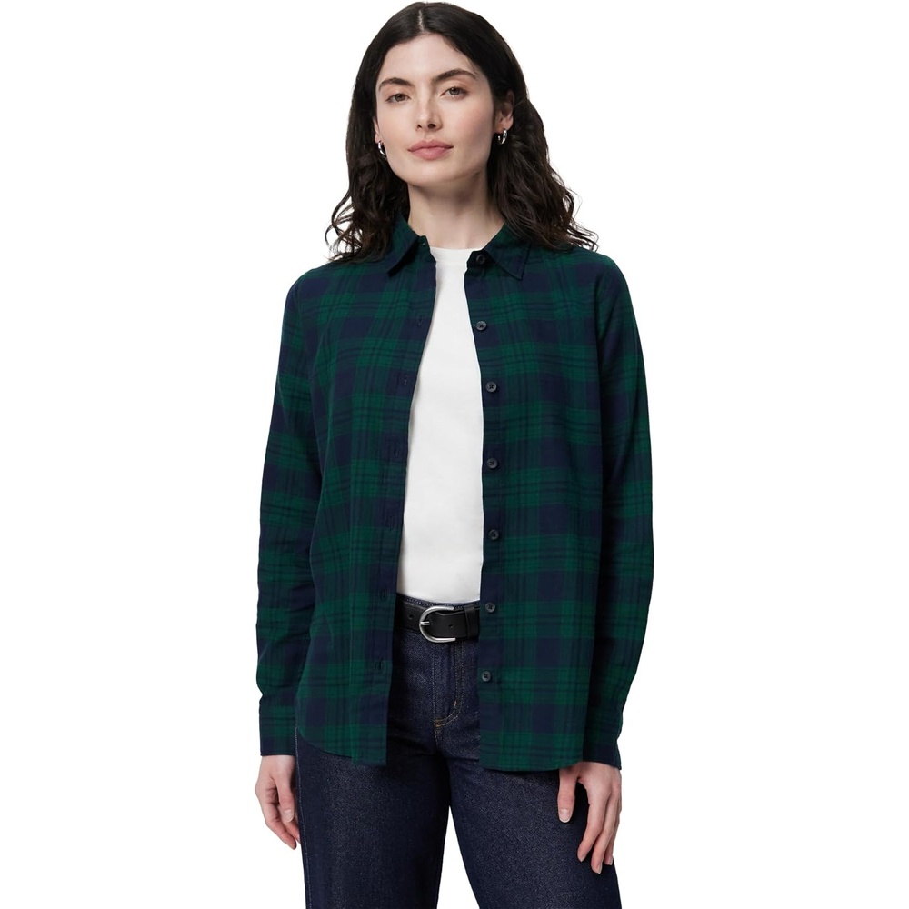 image:imageAmazon Essentials Womens RegularFit LongSleeve Lightweight Cotton Brushed Flannel ShirtDark Green Plaid