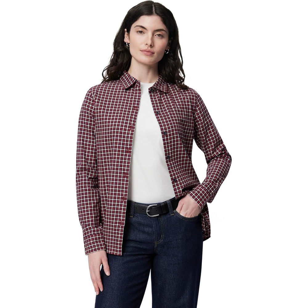 image:imageAmazon Essentials Womens RegularFit LongSleeve Lightweight Cotton Brushed Flannel ShirtNavy Gingham