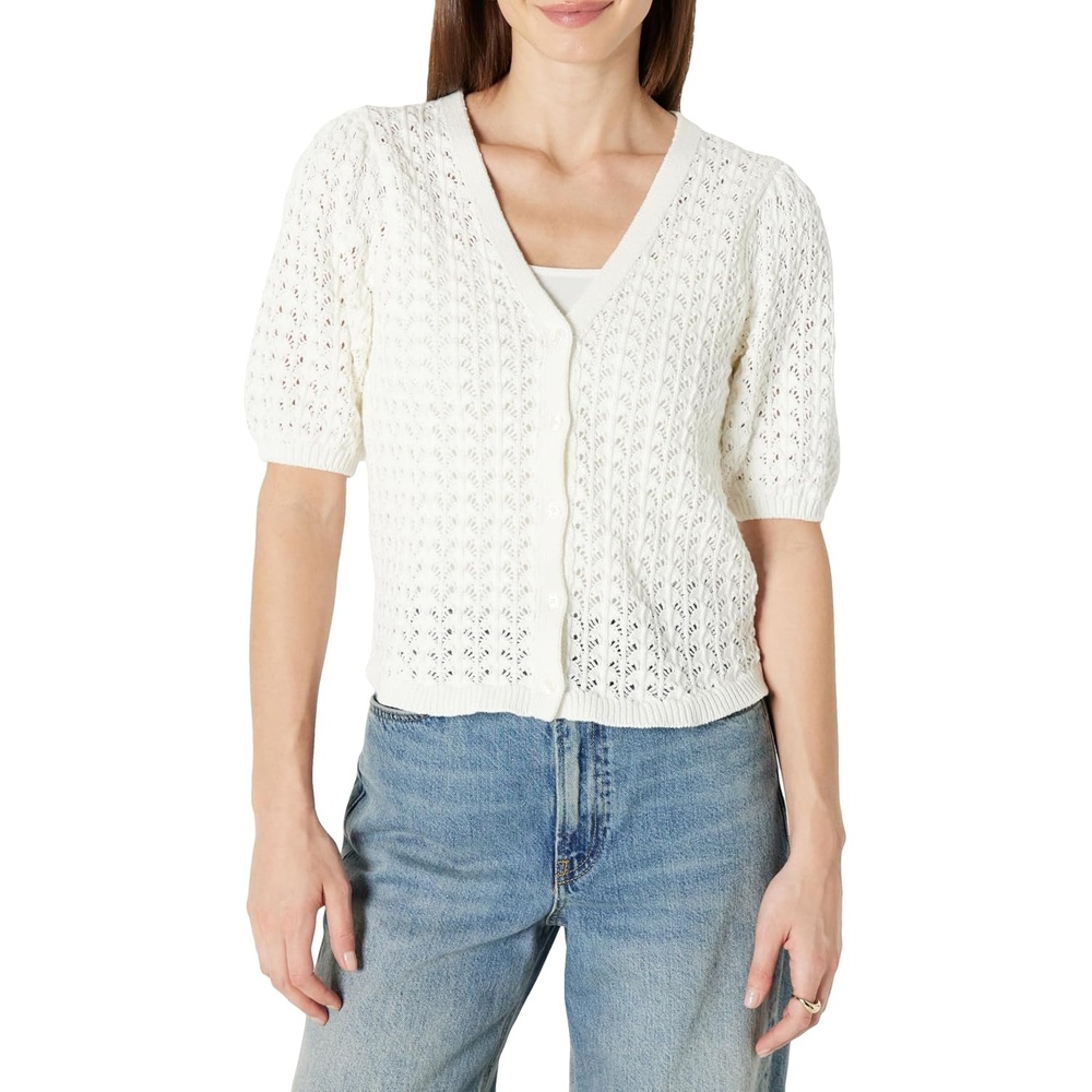 image:imageAmazon Essentials Womens RelaxedFit Crochet ShortSleeve CardiganCream