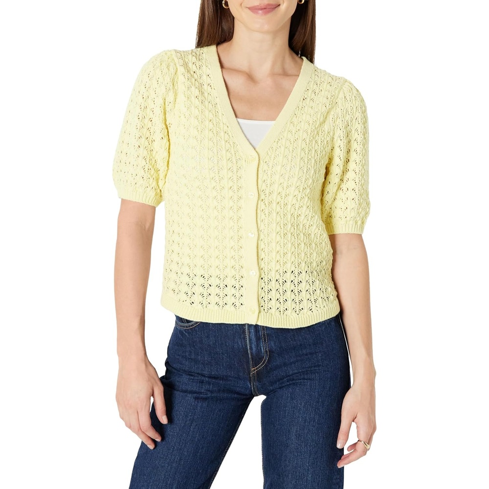 image:imageAmazon Essentials Womens RelaxedFit Crochet ShortSleeve CardiganPastel Yellow