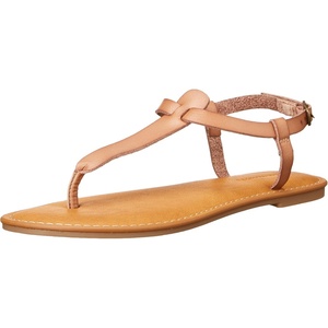 Amazon Essentials Women’s Casual Thong Leather Sandal with Ankle Strap, Wide Width Available(Camel)