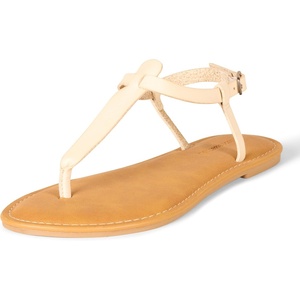 Amazon Essentials Women’s Casual Thong Leather Sandal with Ankle Strap, Wide Width Available(Light Beige)