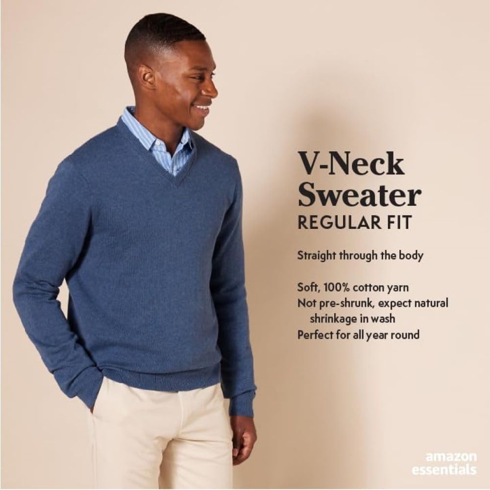 image:imageAmazon Essentials Mens Regular Fit Cotton VNeck Pullover Sweater Available in Big amp TallLight Blue