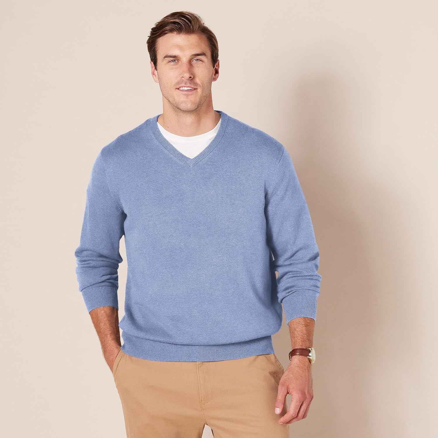 image:imageAmazon Essentials Mens Regular Fit Cotton VNeck Pullover Sweater Available in Big amp TallLight Blue
