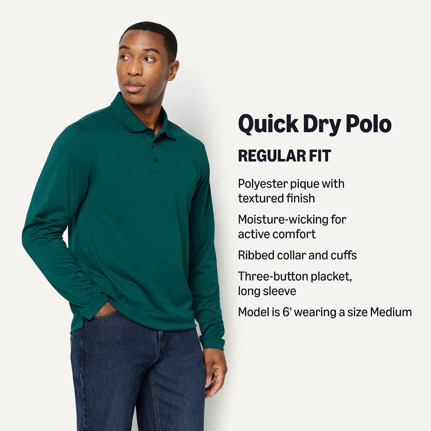 image:imageAmazon Essentials Mens Regular Fit Long Sleeve Quick Dry Golf Polo ShirtDark Green