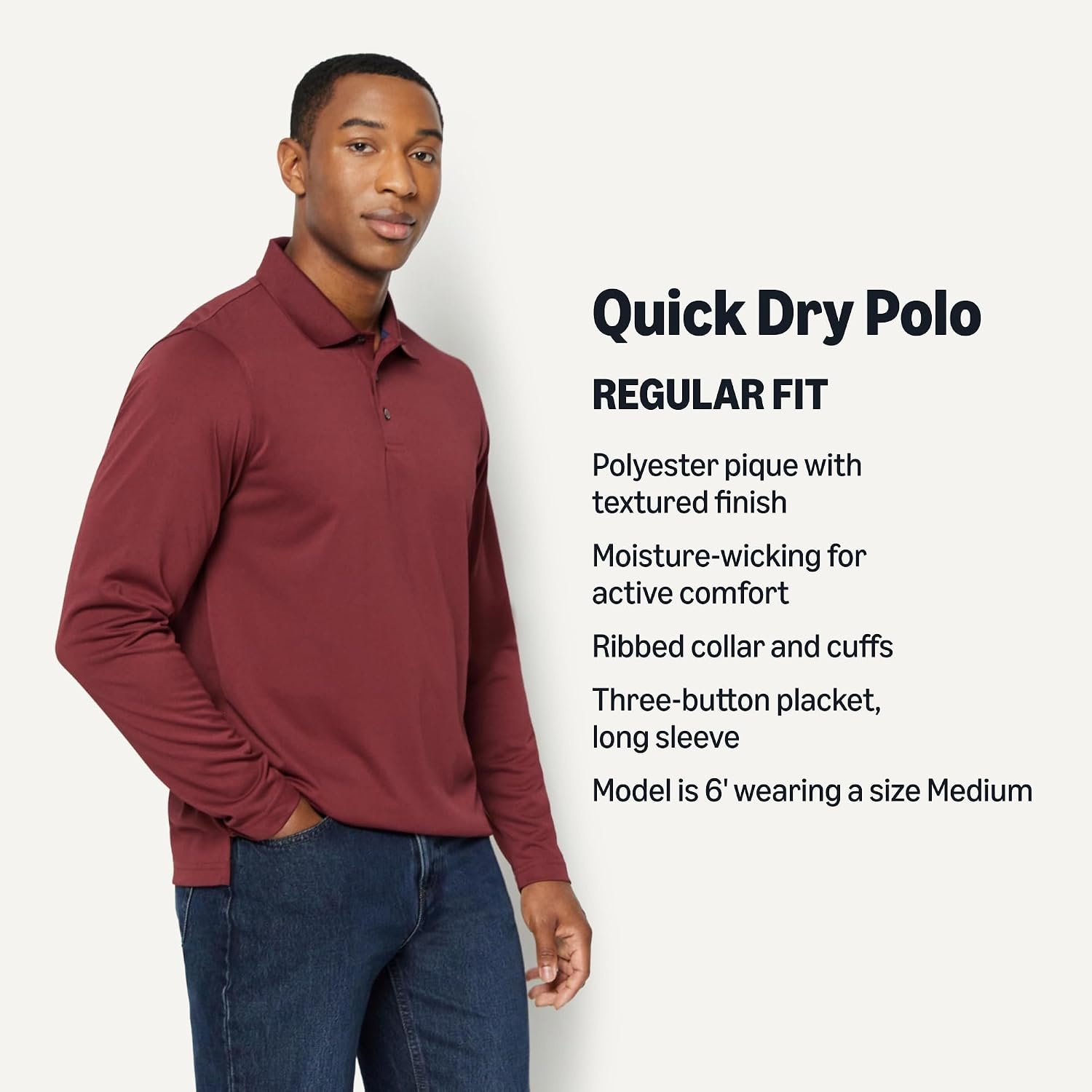 image:imageAmazon Essentials Mens Regular Fit Long Sleeve Quick Dry Golf Polo ShirtRich Burgundy