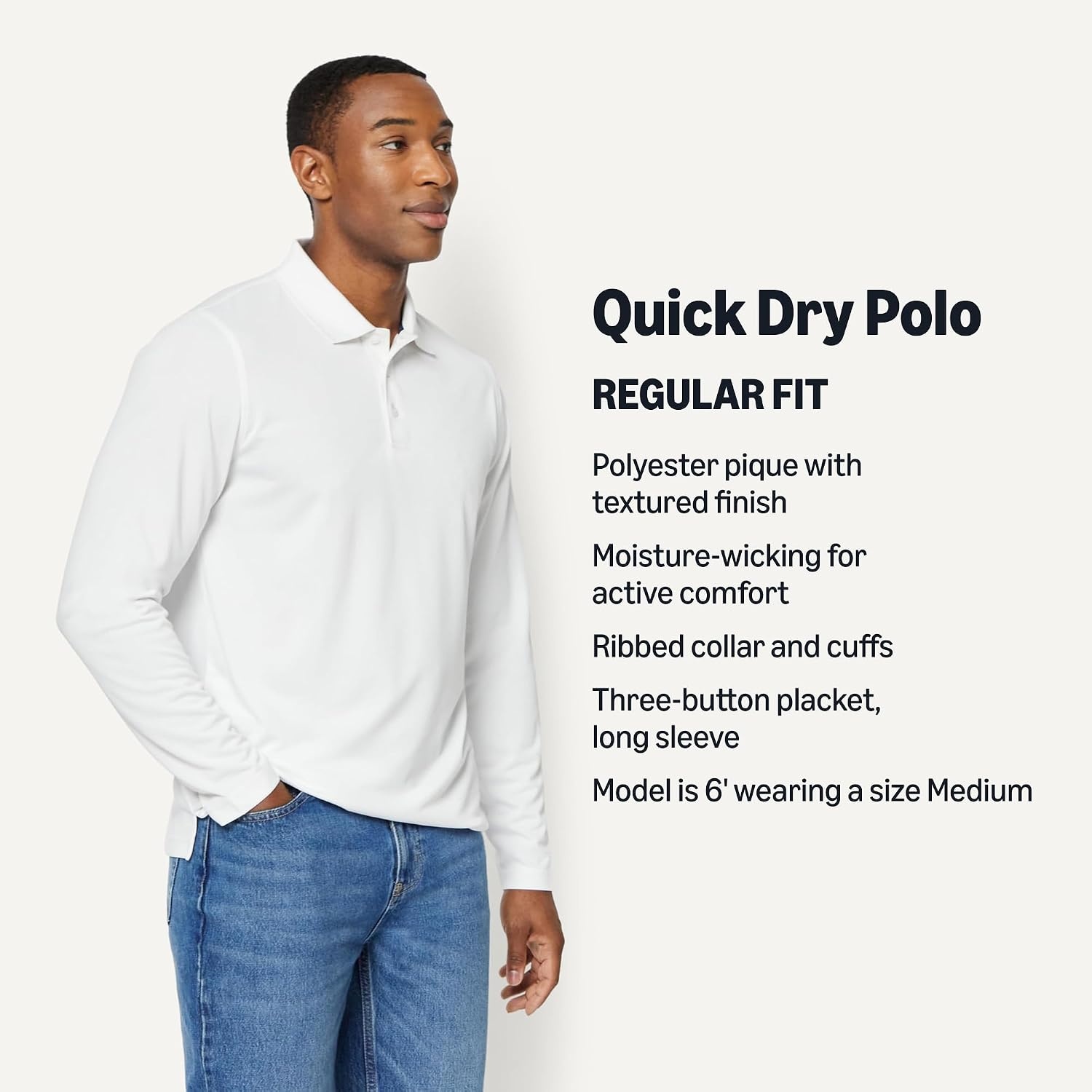 image:imageAmazon Essentials Mens Regular Fit Long Sleeve Quick Dry Golf Polo ShirtWhite