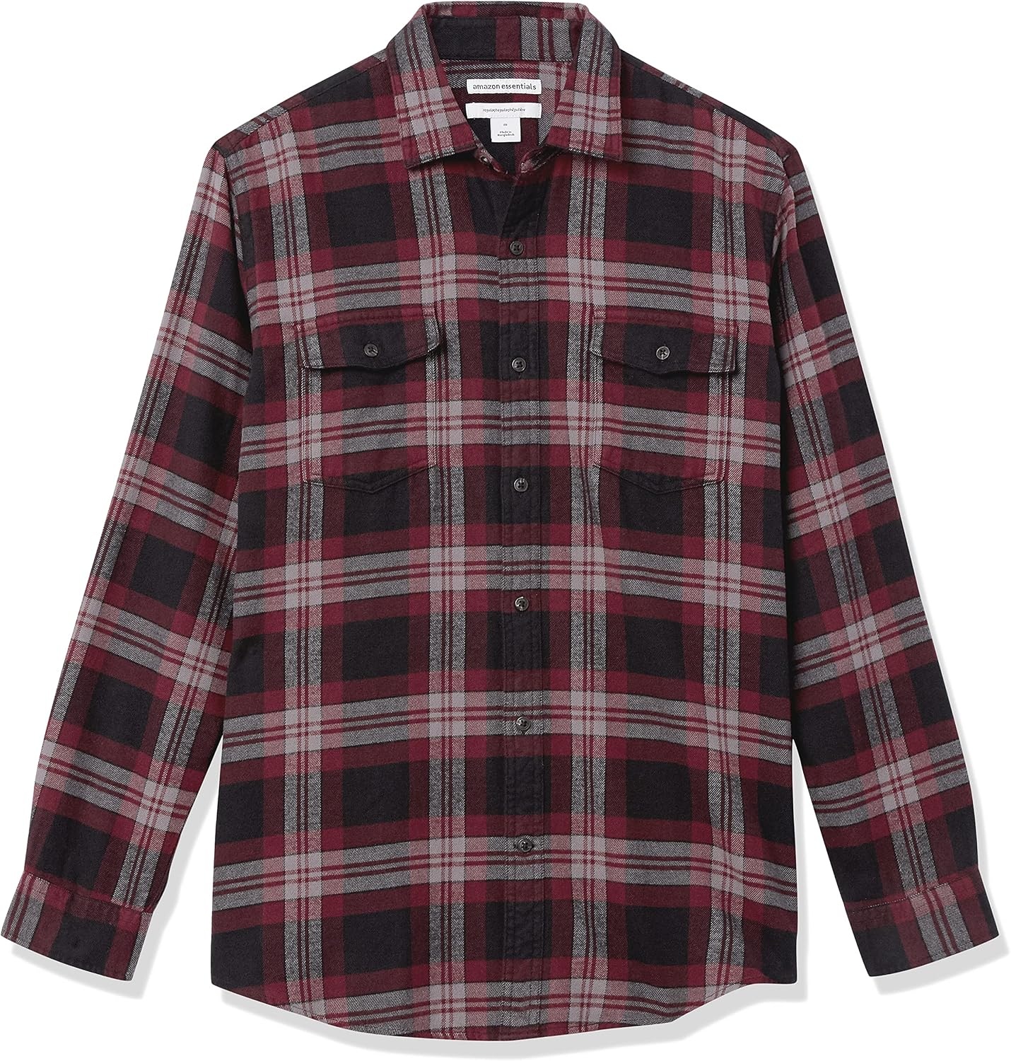 image:imageAmazon Essentials Mens RegularFit LongSleeve Flannel Casual Shirt TwoPocketBlack Burgundy Plaid