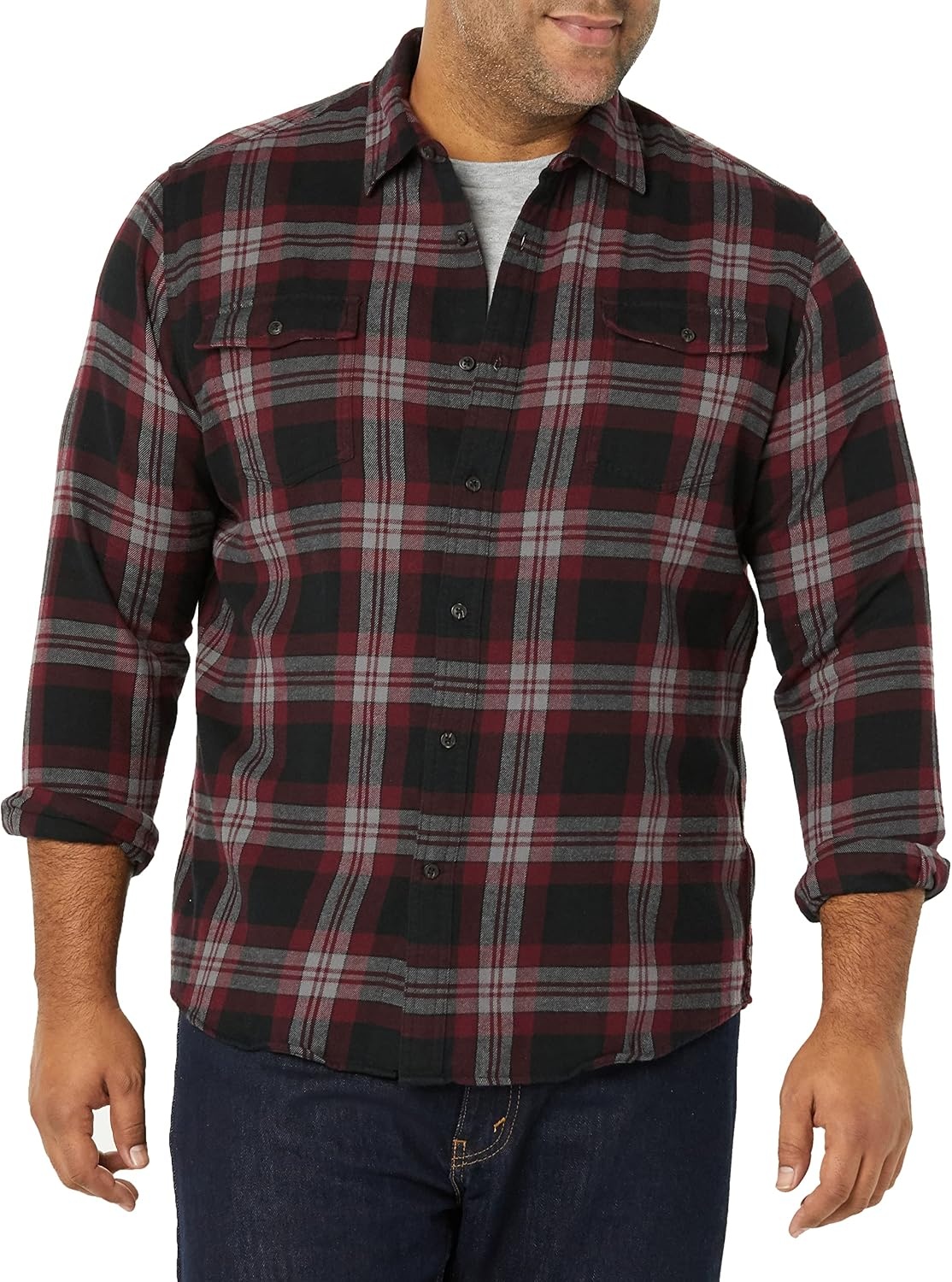 image:imageAmazon Essentials Mens RegularFit LongSleeve Flannel Casual Shirt TwoPocketBlack Burgundy Plaid