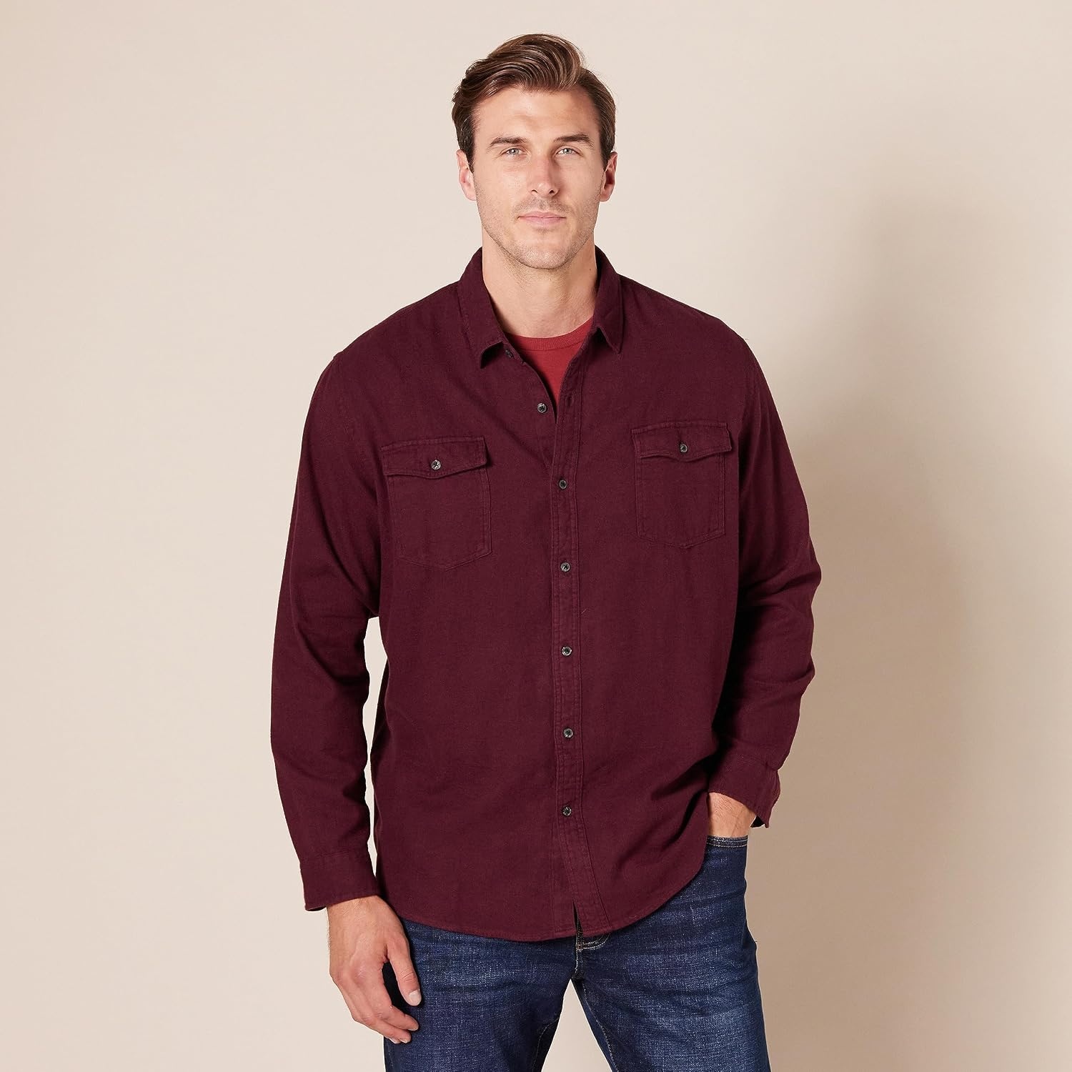 image:imageAmazon Essentials Mens RegularFit LongSleeve Flannel Casual Shirt TwoPocketBurgundy Heather