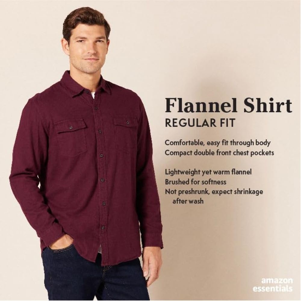 image:imageAmazon Essentials Mens RegularFit LongSleeve Flannel Casual Shirt TwoPocketBurgundy Heather