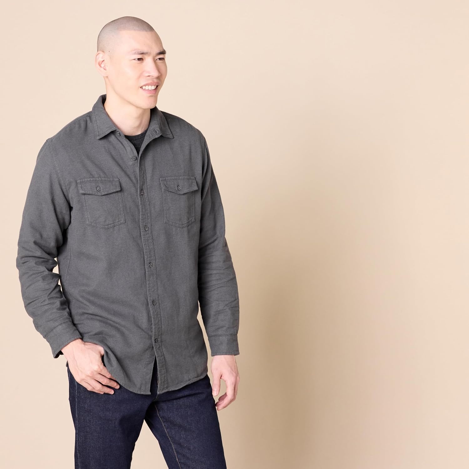 image:imageAmazon Essentials Mens RegularFit LongSleeve Flannel Casual Shirt TwoPocketCharcoal Heather