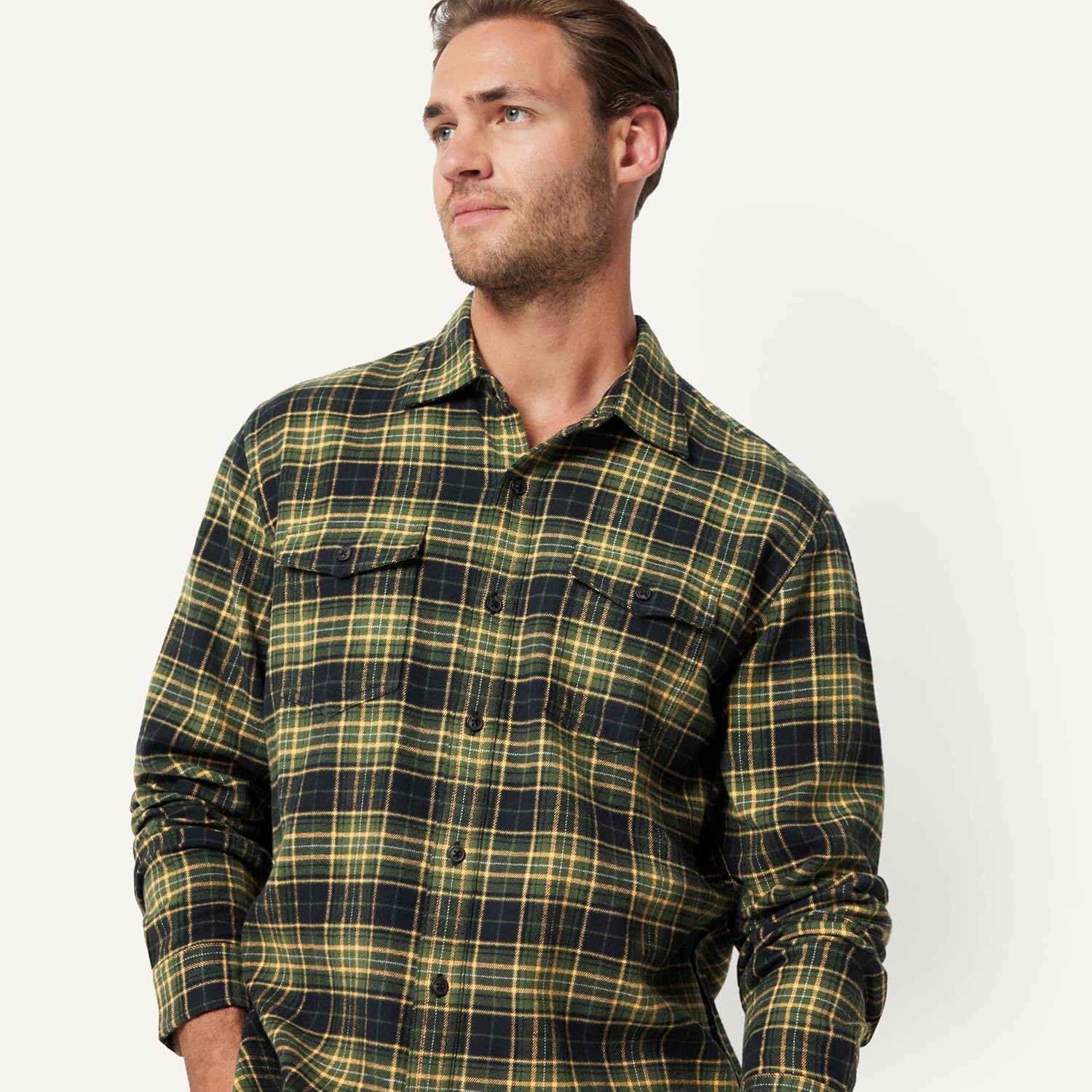 image:imageAmazon Essentials Mens RegularFit LongSleeve Flannel Casual Shirt TwoPocketDark Olive Plaid