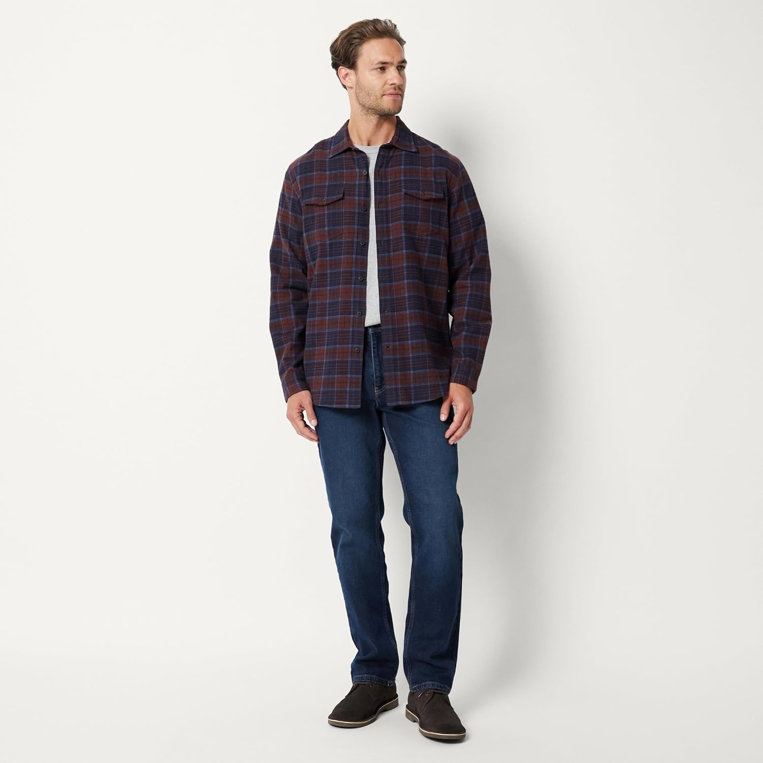 image:imageAmazon Essentials Mens RegularFit LongSleeve Flannel Casual Shirt TwoPocketNavy Chocolate Plaid
