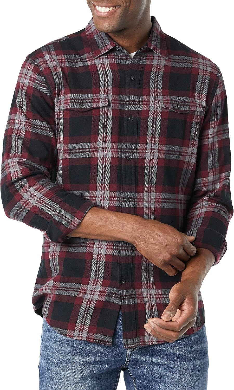 image:imageAmazon Essentials Mens SlimFit Flannel LongSleeve Button Down Shirt TwoPocket 100 Cotton PlaidBlack Burgundy Plaid