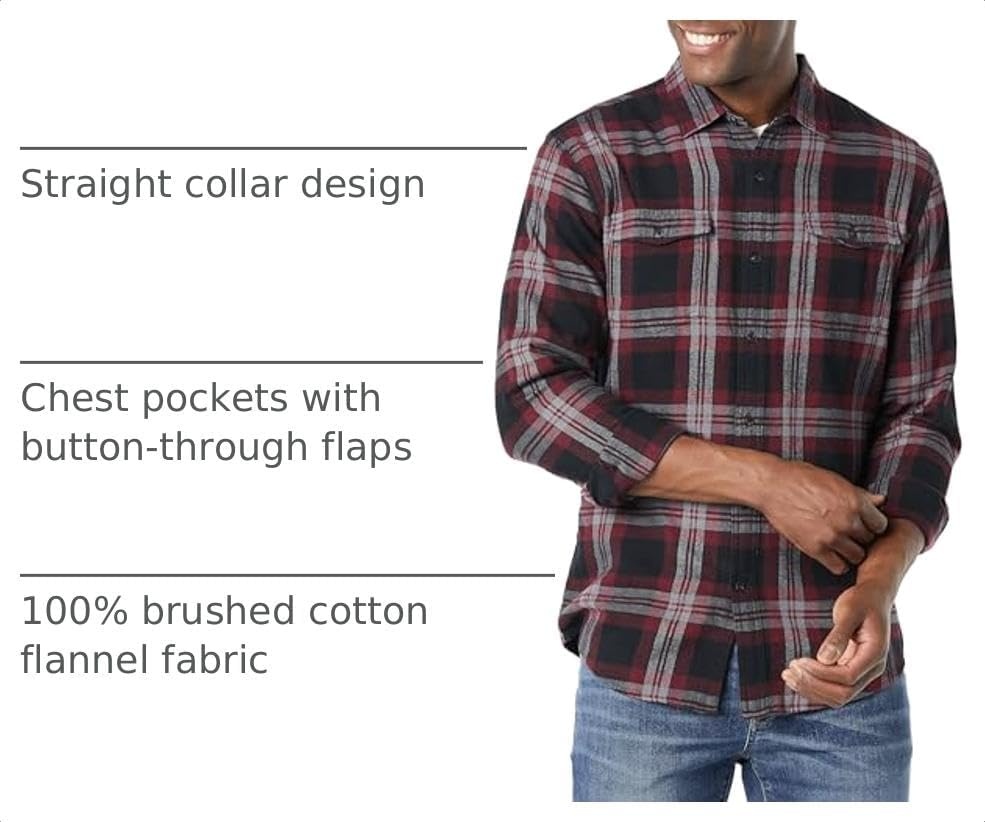 image:imageAmazon Essentials Mens SlimFit Flannel LongSleeve Button Down Shirt TwoPocket 100 Cotton PlaidBlack Burgundy Plaid