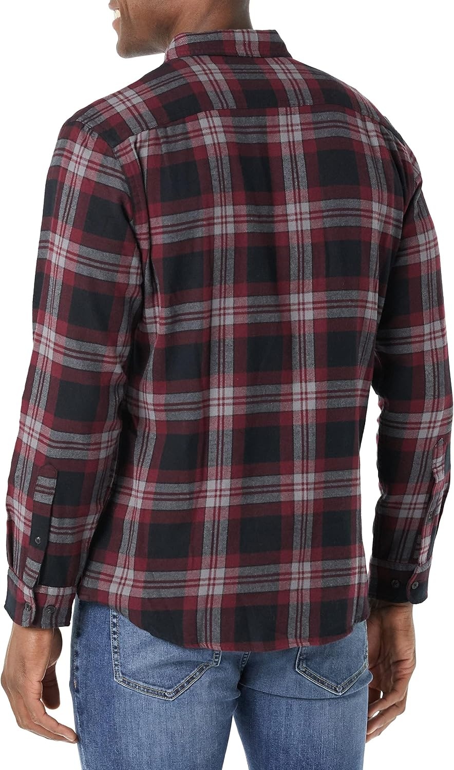image:imageAmazon Essentials Mens SlimFit Flannel LongSleeve Button Down Shirt TwoPocket 100 Cotton PlaidBlack Burgundy Plaid