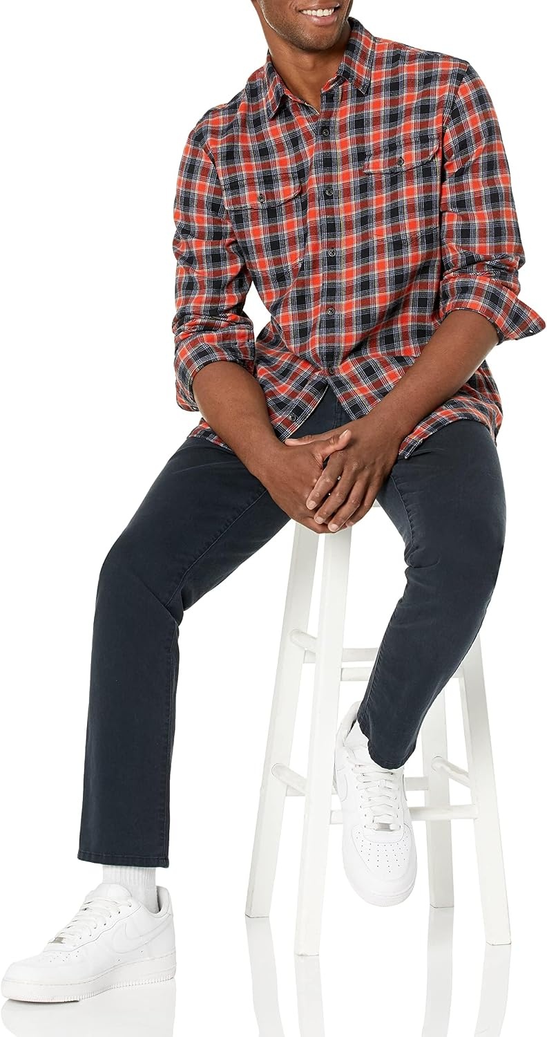 image:imageAmazon Essentials Mens SlimFit Flannel LongSleeve Button Down Shirt TwoPocket 100 Cotton PlaidBlack Orange Plaid
