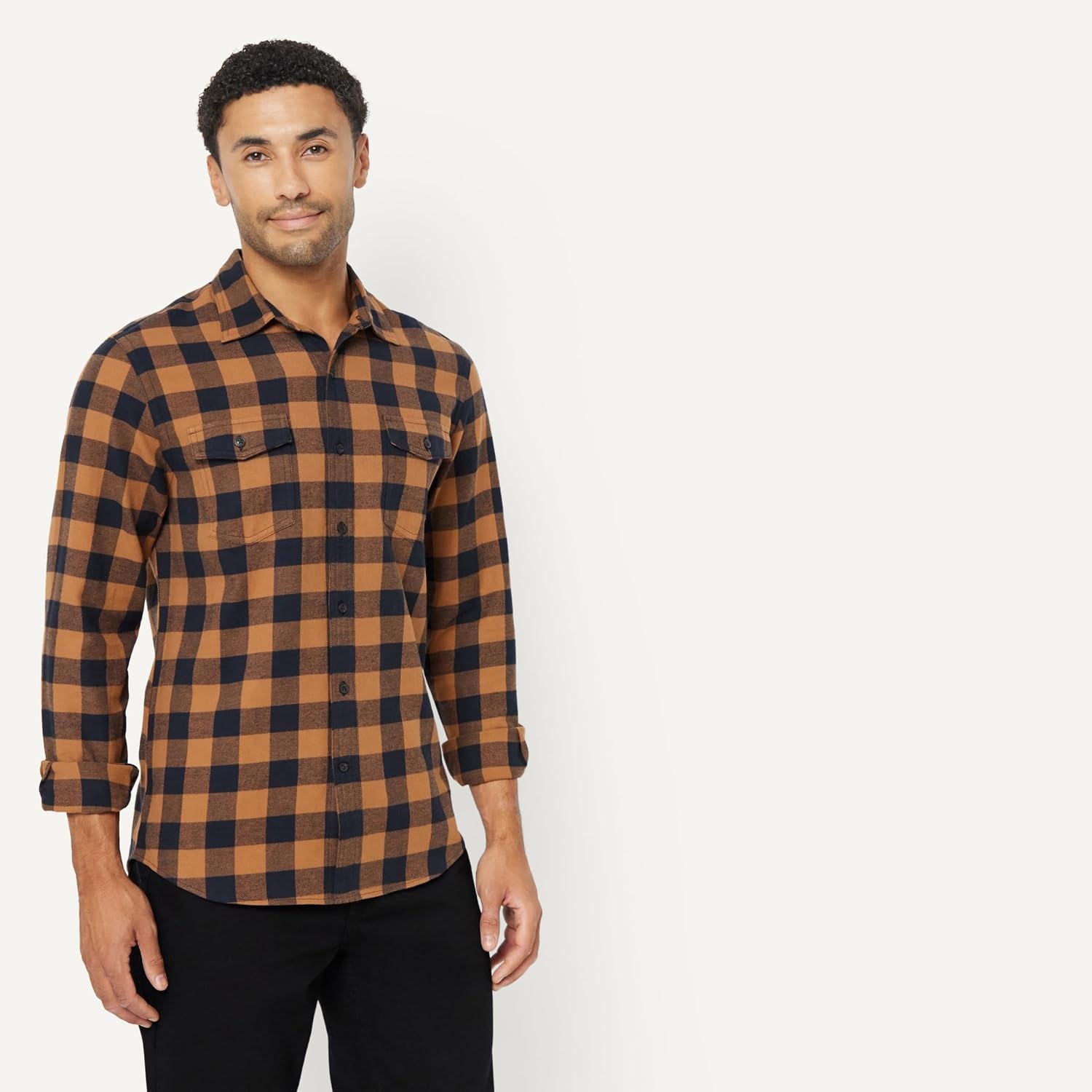 image:imageAmazon Essentials Mens SlimFit Flannel LongSleeve Button Down Shirt TwoPocket 100 Cotton PlaidBlack Toffee Brown Buffalo Check