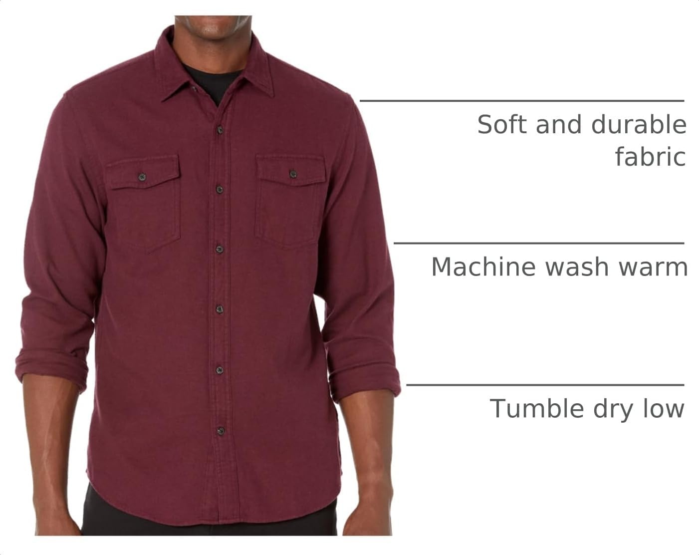 image:imageAmazon Essentials Mens SlimFit Flannel LongSleeve Button Down Shirt TwoPocket 100 Cotton PlaidBurgundy Heather