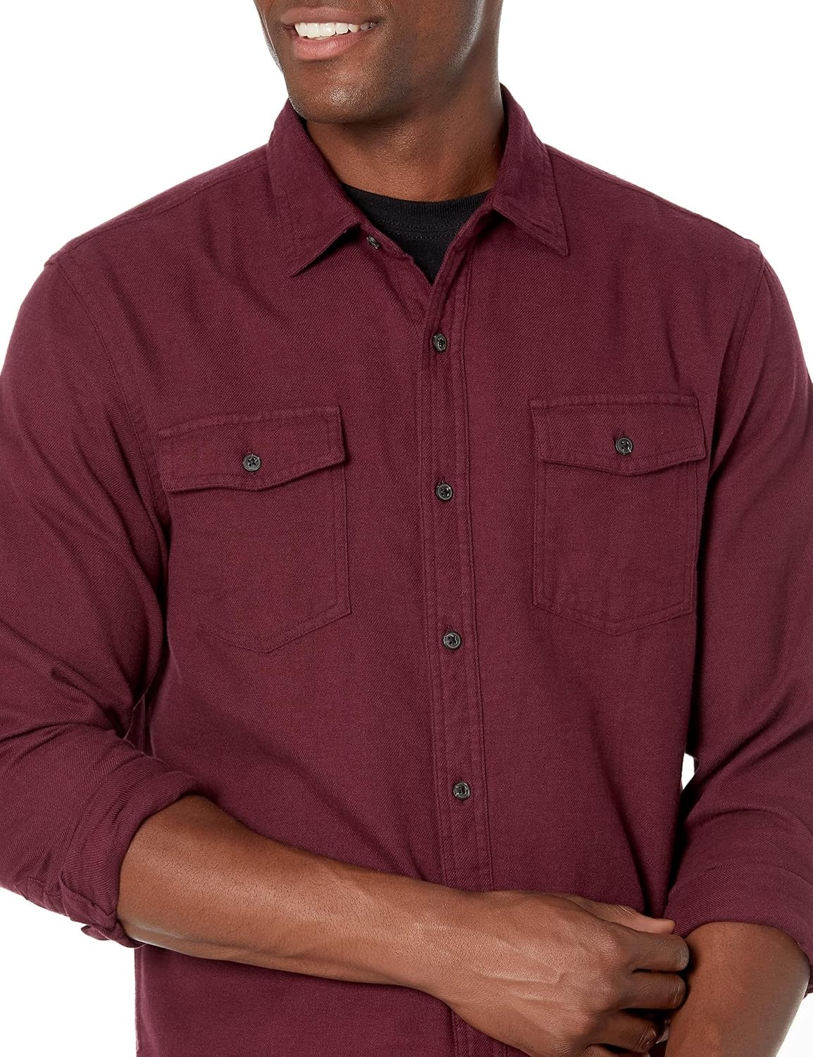 image:imageAmazon Essentials Mens SlimFit Flannel LongSleeve Button Down Shirt TwoPocket 100 Cotton PlaidBurgundy Heather