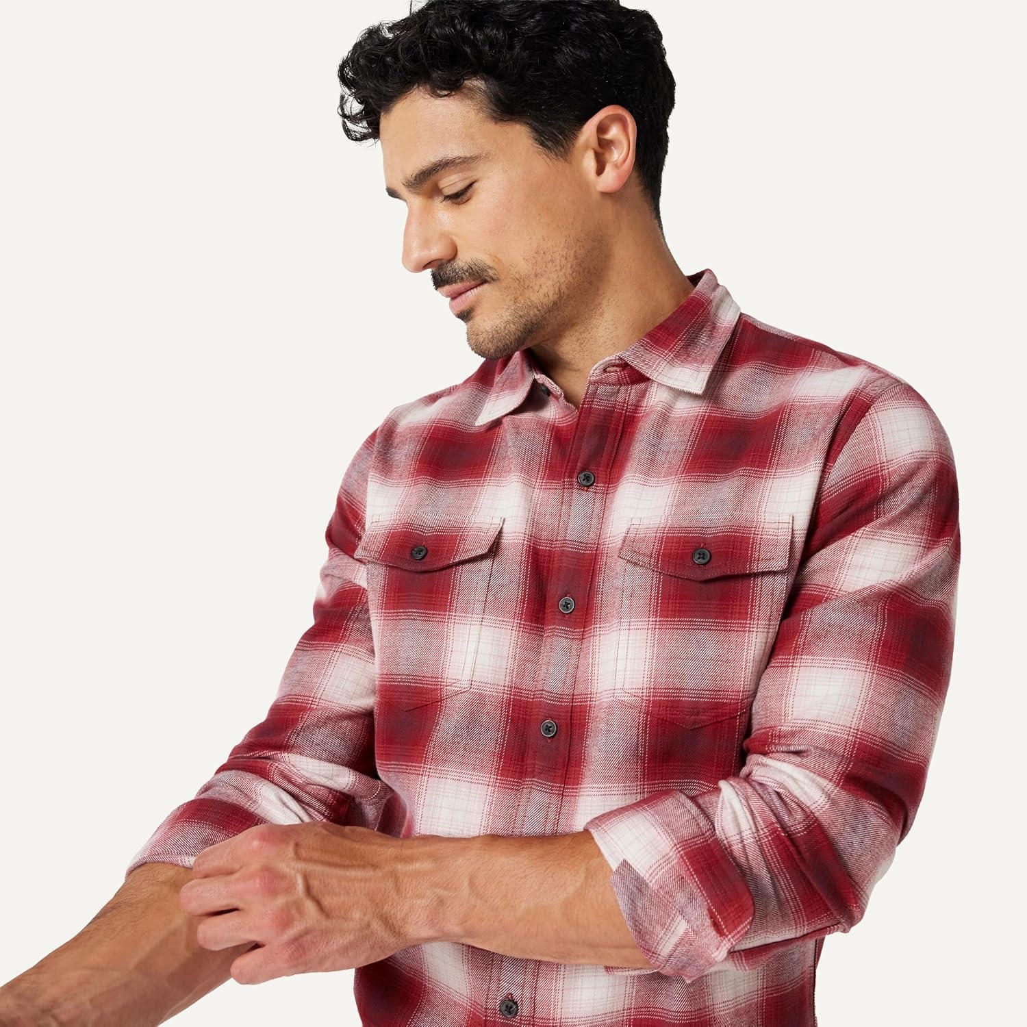 image:imageAmazon Essentials Mens SlimFit Flannel LongSleeve Button Down Shirt TwoPocket 100 Cotton PlaidBurgundy Shadow Plaid