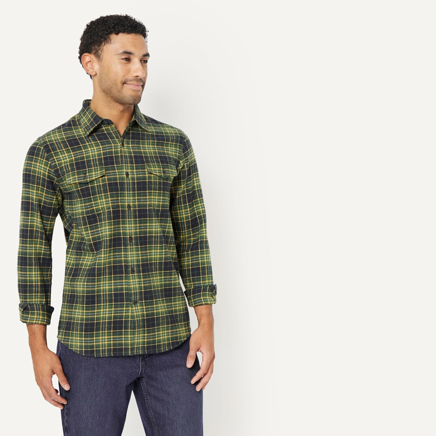 image:imageAmazon Essentials Mens SlimFit Flannel LongSleeve Button Down Shirt TwoPocket 100 Cotton PlaidDark Olive Plaid