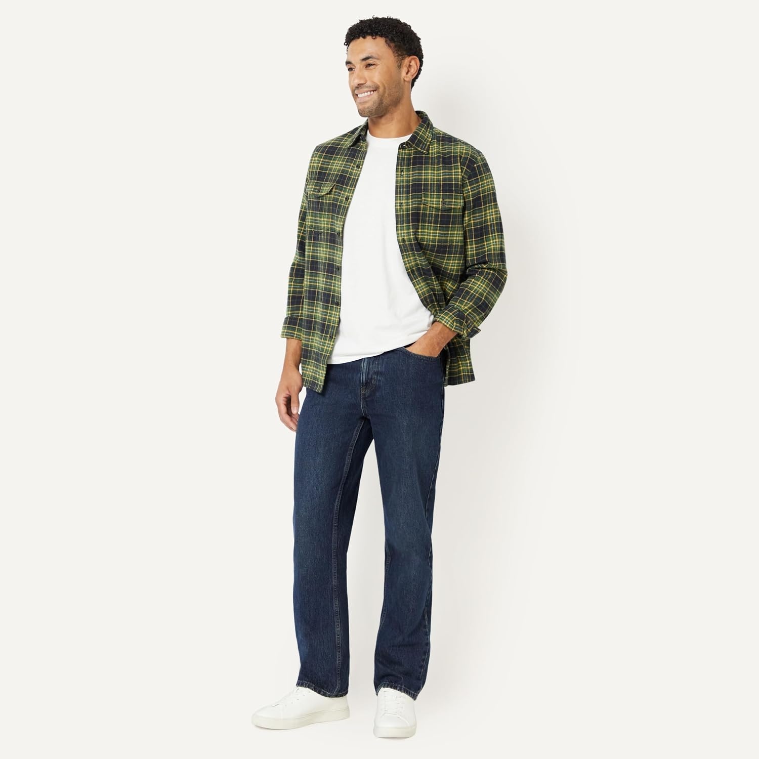 image:imageAmazon Essentials Mens SlimFit Flannel LongSleeve Button Down Shirt TwoPocket 100 Cotton PlaidDark Olive Plaid