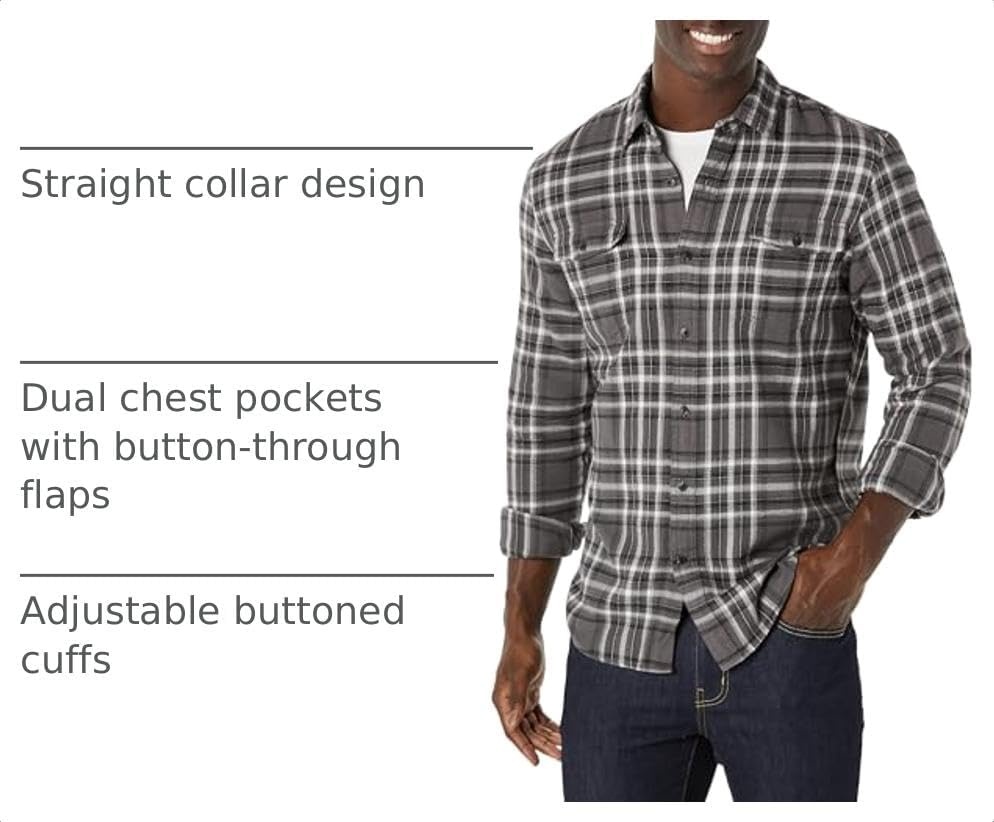 image:imageAmazon Essentials Mens SlimFit Flannel LongSleeve Button Down Shirt TwoPocket 100 Cotton PlaidGrey Plaid
