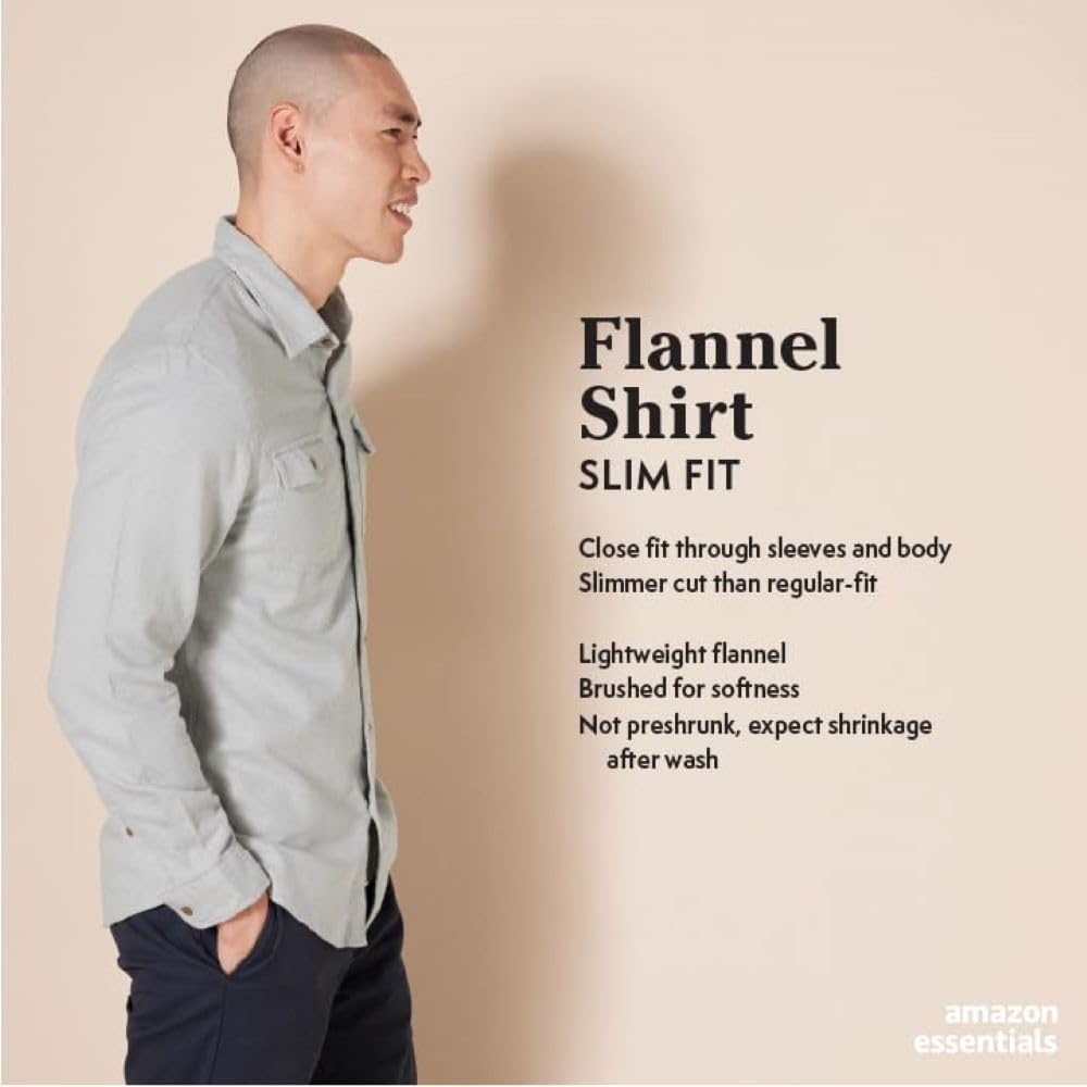 image:imageAmazon Essentials Mens SlimFit Flannel LongSleeve Button Down Shirt TwoPocket 100 Cotton PlaidLight Grey Heather