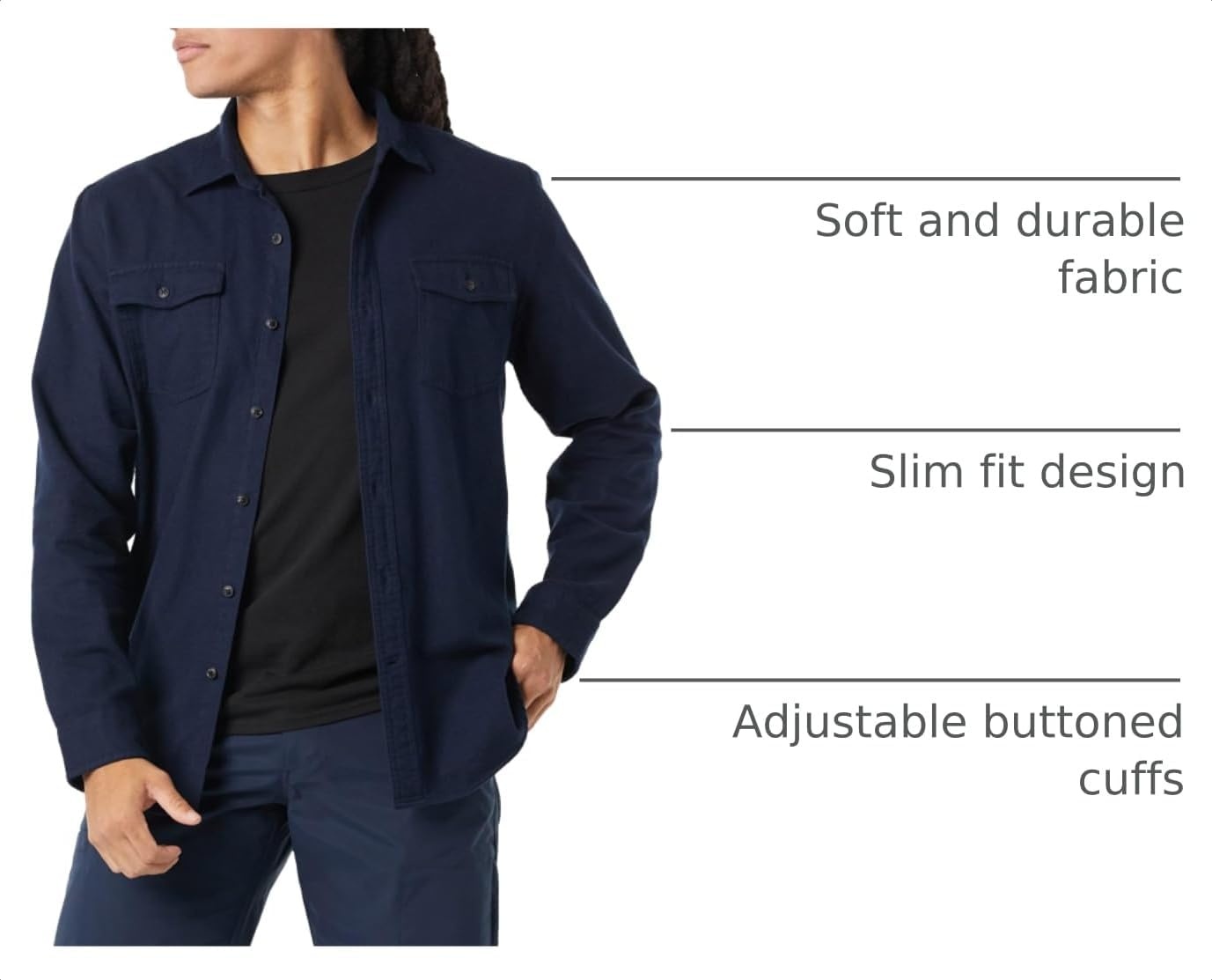 image:imageAmazon Essentials Mens SlimFit Flannel LongSleeve Button Down Shirt TwoPocket 100 Cotton PlaidNavy