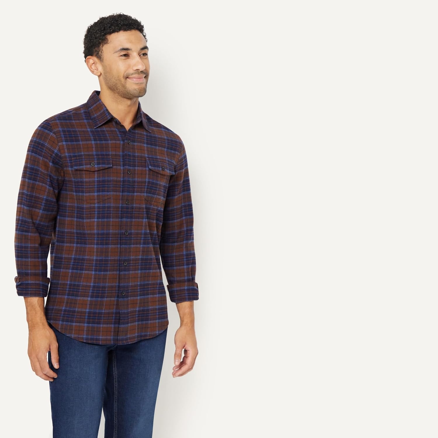 image:imageAmazon Essentials Mens SlimFit Flannel LongSleeve Button Down Shirt TwoPocket 100 Cotton PlaidNavy Chocolate Plaid