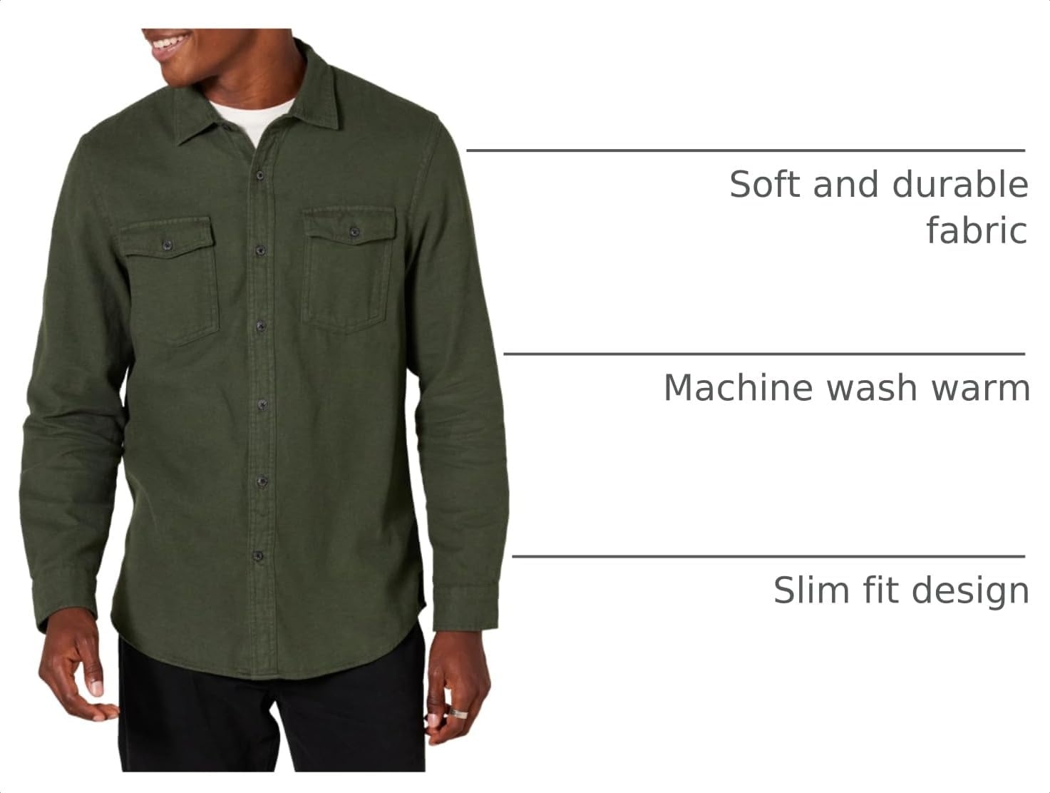 image:imageAmazon Essentials Mens SlimFit Flannel LongSleeve Button Down Shirt TwoPocket 100 Cotton PlaidOlive Heather