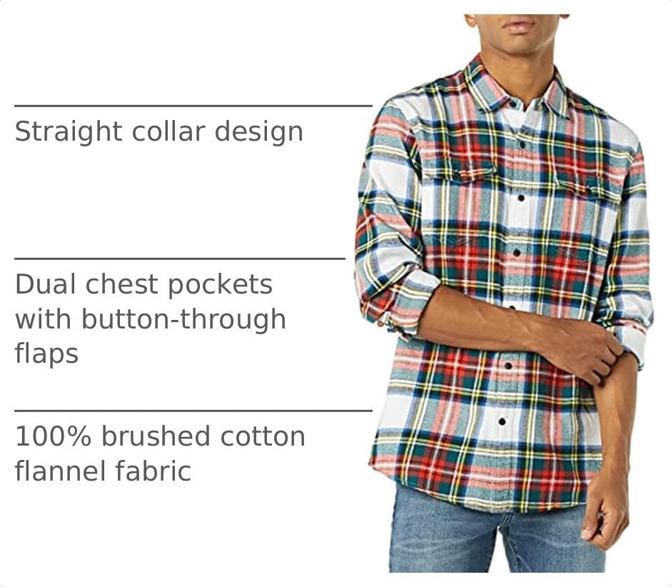 image:imageAmazon Essentials Mens SlimFit Flannel LongSleeve Button Down Shirt TwoPocket 100 Cotton PlaidRed White Tartan Plaid