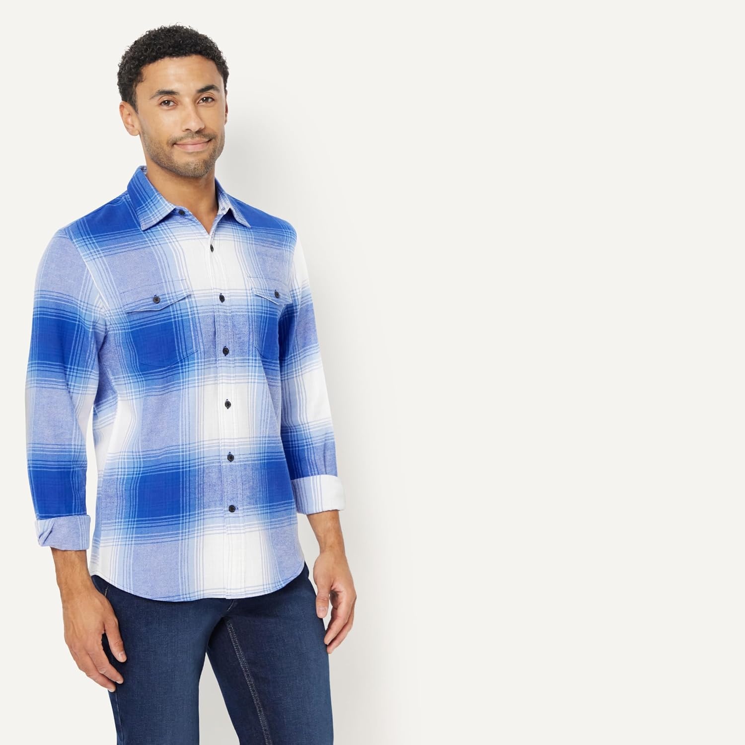 image:imageAmazon Essentials Mens SlimFit Flannel LongSleeve Button Down Shirt TwoPocket 100 Cotton PlaidRoyal Blue Shadow Plaid