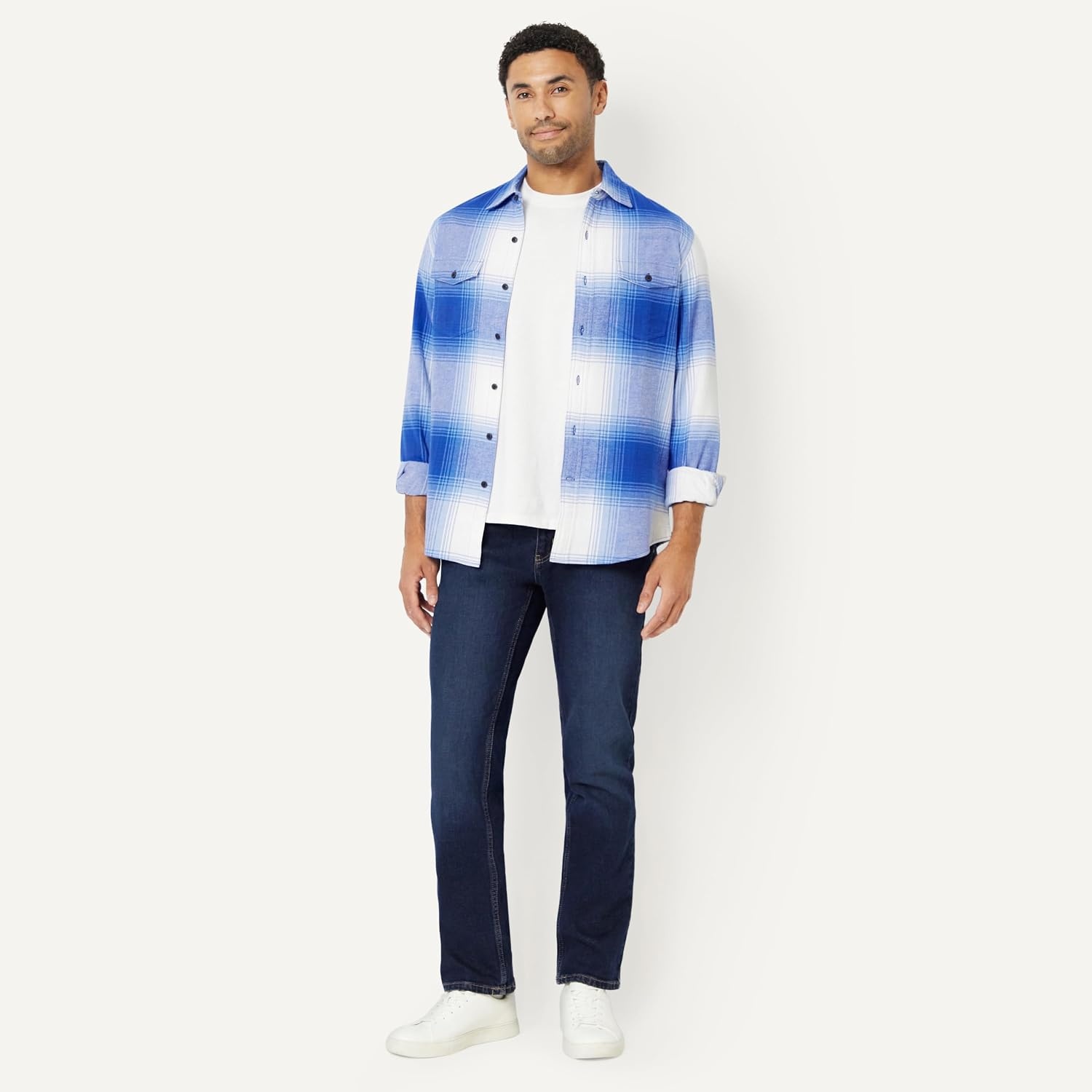 image:imageAmazon Essentials Mens SlimFit Flannel LongSleeve Button Down Shirt TwoPocket 100 Cotton PlaidRoyal Blue Shadow Plaid