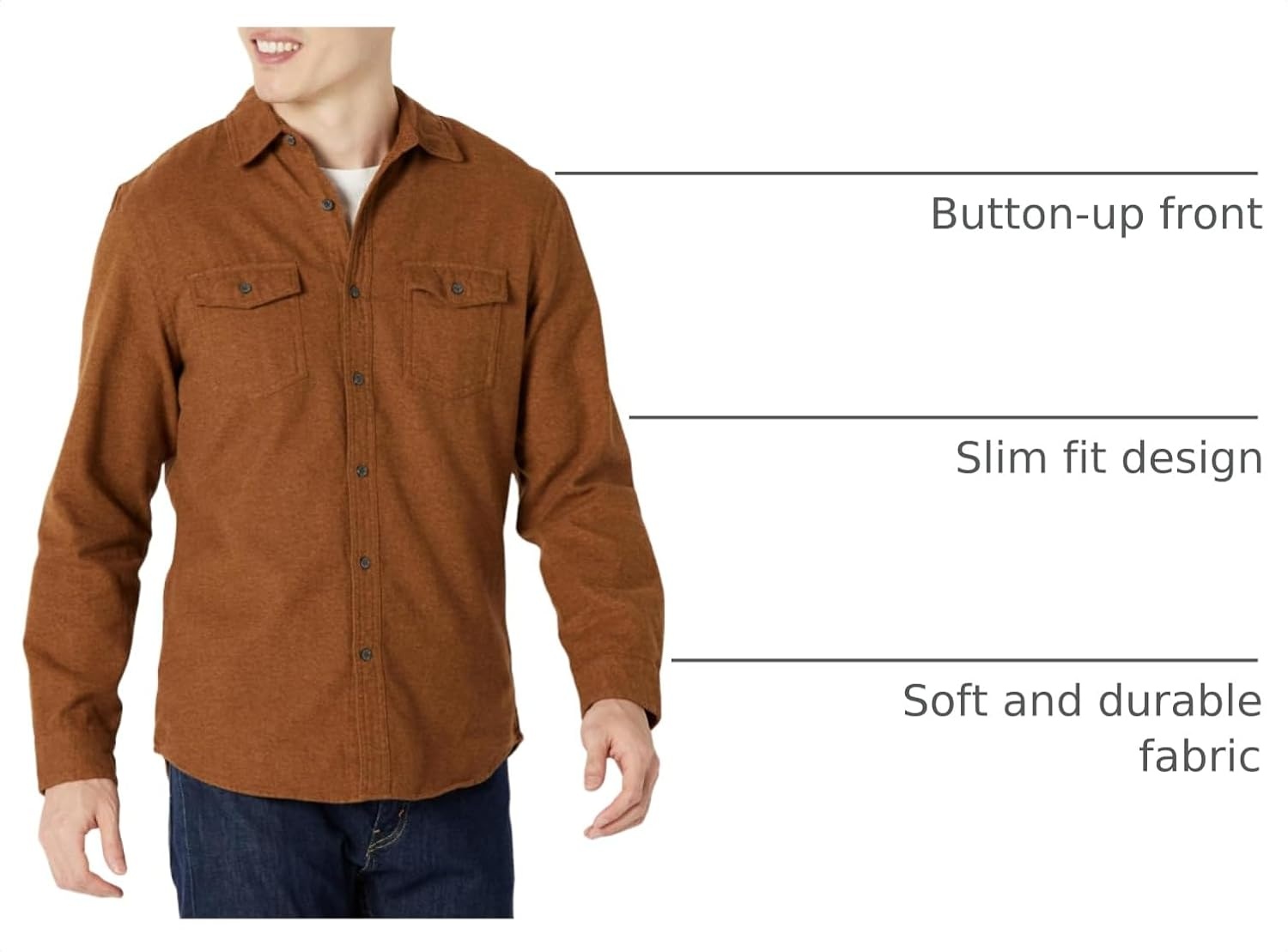image:imageAmazon Essentials Mens SlimFit Flannel LongSleeve Button Down Shirt TwoPocket 100 Cotton PlaidToffee Brown