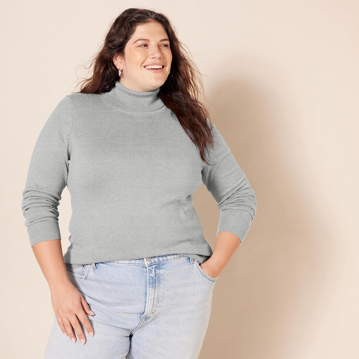 image:imageAmazon Essentials Womens ClassicFit Lightweight LongSleeve Turtleneck SweaterLight Grey Heather